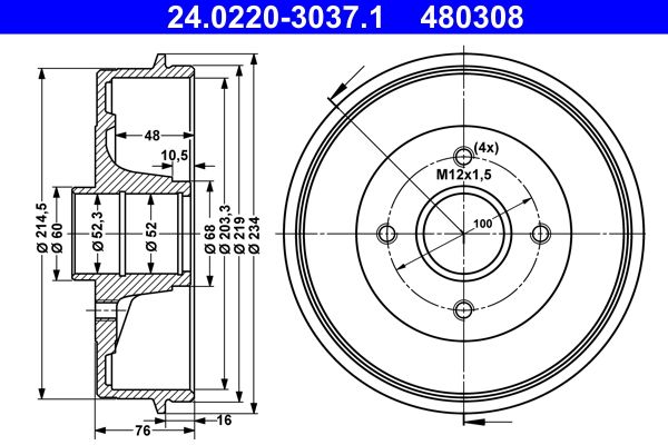 ATE 24.0220-3037.1 Brake Drum