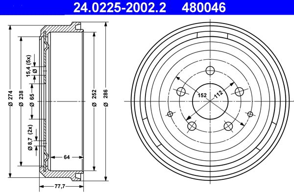 ATE 24.0225-2002.2 Brake Drum