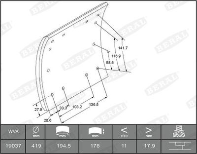 Brake Lining Kit, drum brake BERAL 1903619609016866