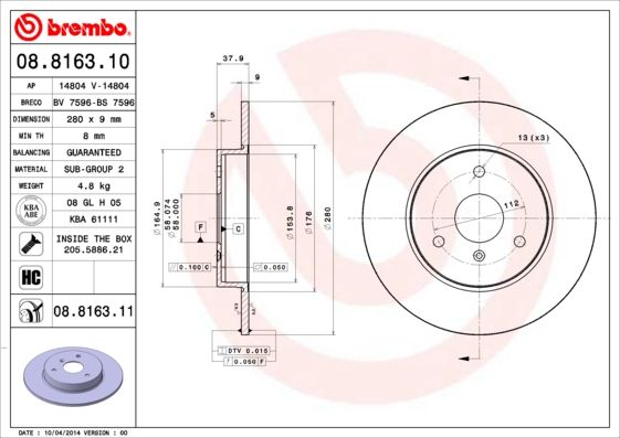 BREMBO 08.8163.10 Brake Disc