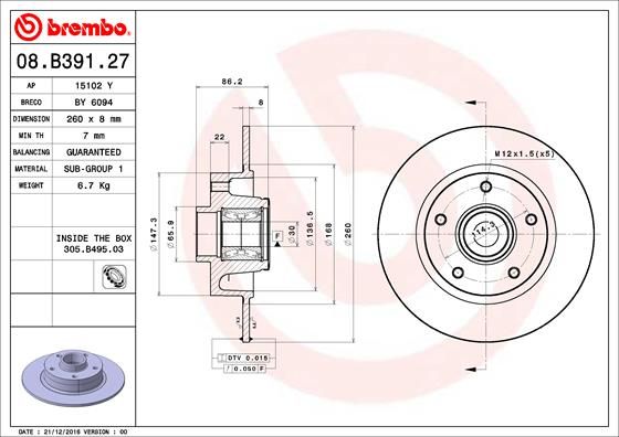 BREMBO 08.B391.27 Brake Disc