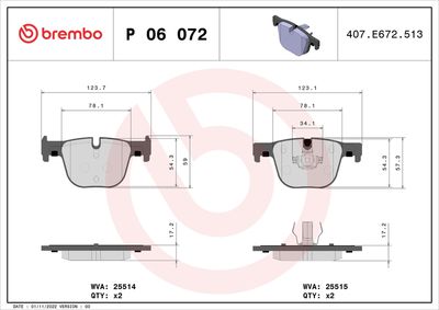 Brake Pad Set, disc brake BREMBO P 06 072