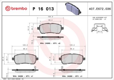 Brake Pad Set, disc brake BREMBO P 16 013X