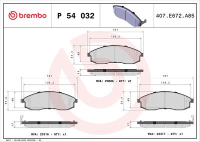 Brake Pad Set, disc brake BREMBO P 54 032