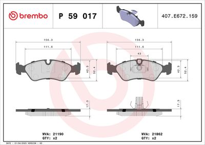 Brake Pad Set, disc brake BREMBO P 59 017