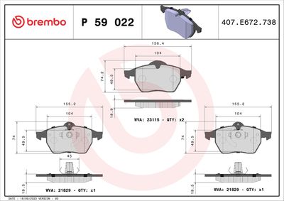 Brake Pad Set, disc brake BREMBO P 59 022