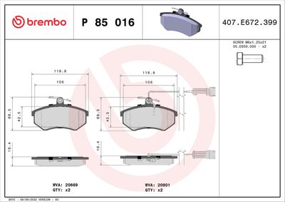 Brake Pad Set, disc brake BREMBO P 85 016