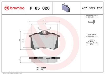 Brake Pad Set, disc brake BREMBO P 85 020