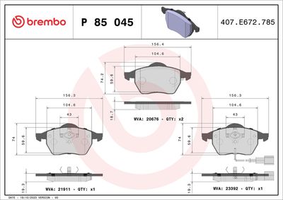 Brake Pad Set, disc brake BREMBO P 85 045