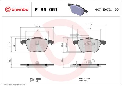 Brake Pad Set, disc brake BREMBO P 85 061