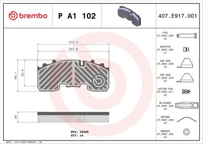 Brake Pad Set, disc brake BREMBO P A1 102