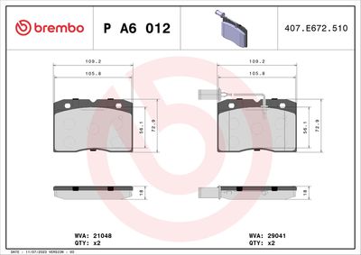 Brake Pad Set, disc brake BREMBO P A6 012