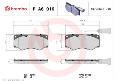 Brake Pad Set, disc brake BREMBO P A6 016