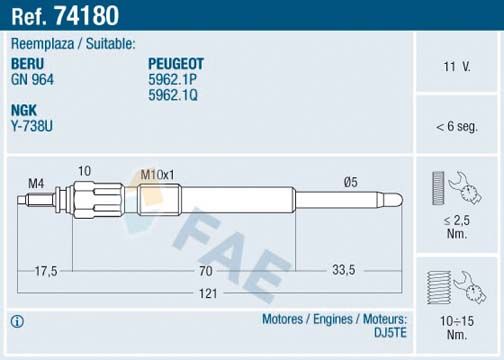 FAE 74180 Glow Plug