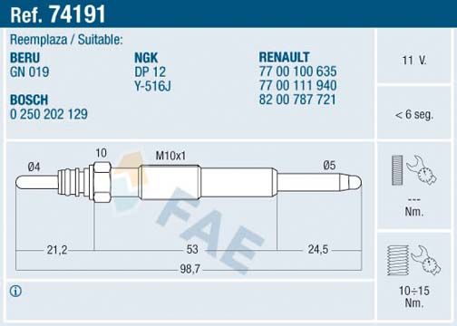 FAE 74191 Glow Plug